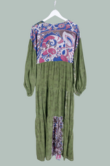 Gypsophila Maxi Dress - Vintage Indian Cotton - Moss Green Hands & Peacock Motif - M/L By All About Audrey