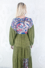 Gypsophila Maxi Dress - Vintage Indian Cotton - Moss Green Hands & Peacock Motif - M/L By All About Audrey