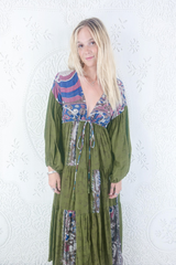 Gypsophila Maxi Dress - Vintage Indian Cotton - Moss Green Hands & Peacock Motif - M/L By All About Audrey