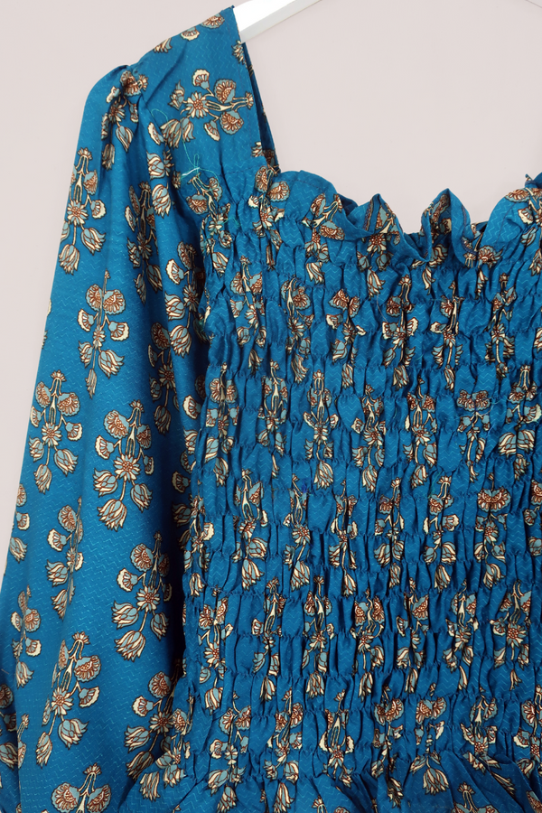 Pearl Top - Vintage Indian Sari - Sapphire Blue Ornate Floral - Size S/M