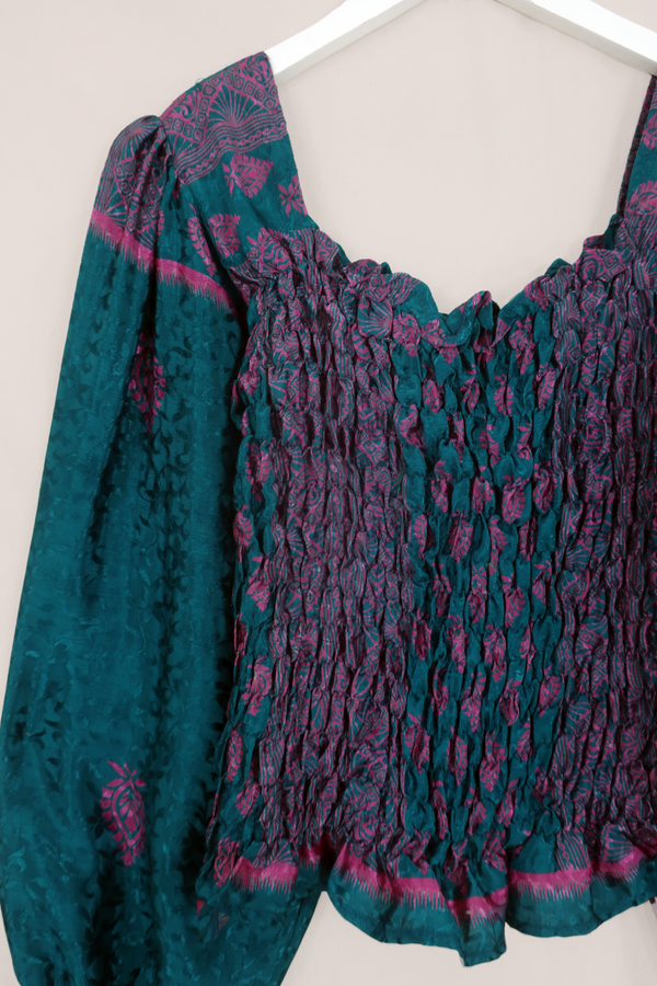 Pearl Top - Vintage Indian Sari - Jade Green & Magenta Wildflowers - Size S by All About Audrey
