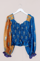 Pearl Top - Vintage Indian Sari - Gold & Cyan Sacred Hearts - Size S/M by All About Audrey