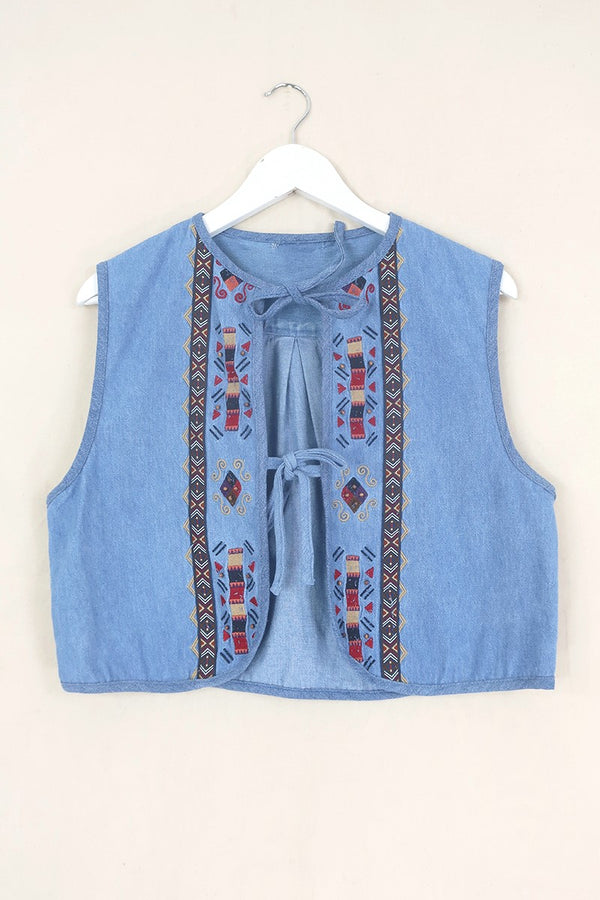 Willa Reclaimed Denim Waistcoat - Earthy Aztec Embroidery - Size L by All About Audrey