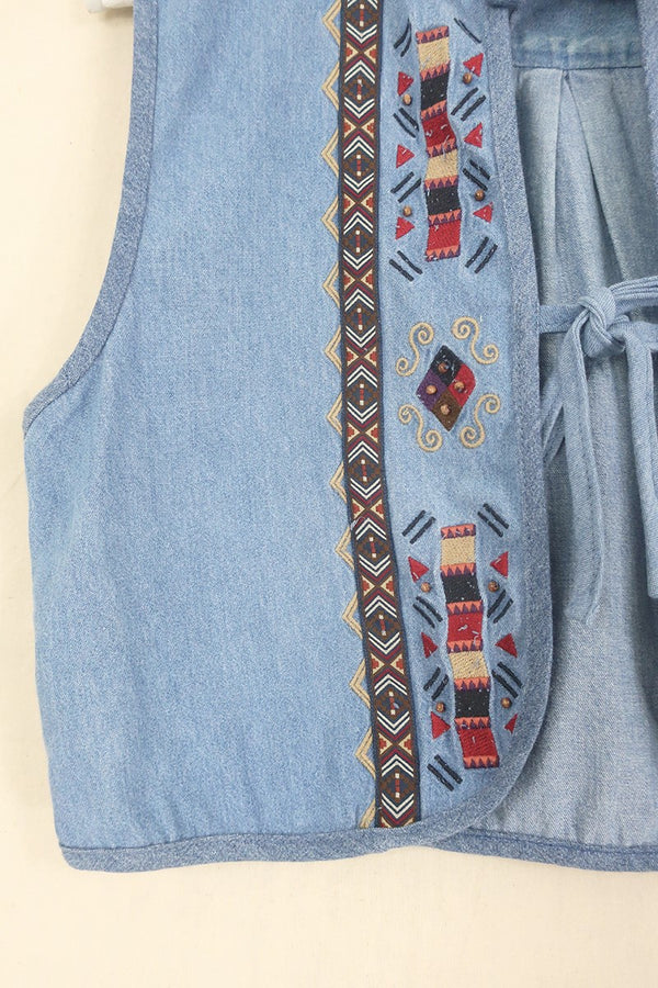 Willa Reclaimed Denim Waistcoat - Earthy Aztec Embroidery - Size L by All About Audrey