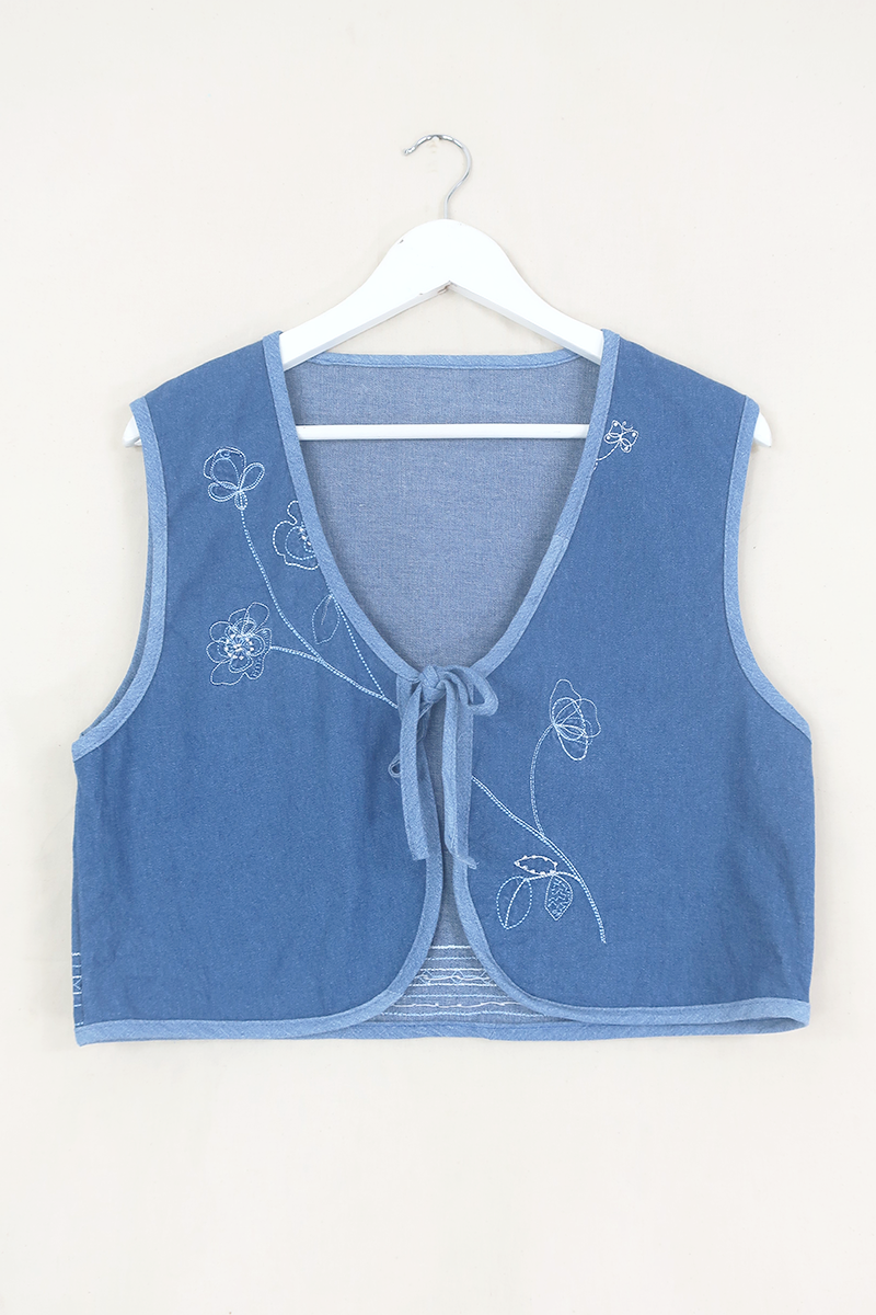 Willa Reclaimed Denim Waistcoat - Beaded Buttercups - Size M by All About Audrey