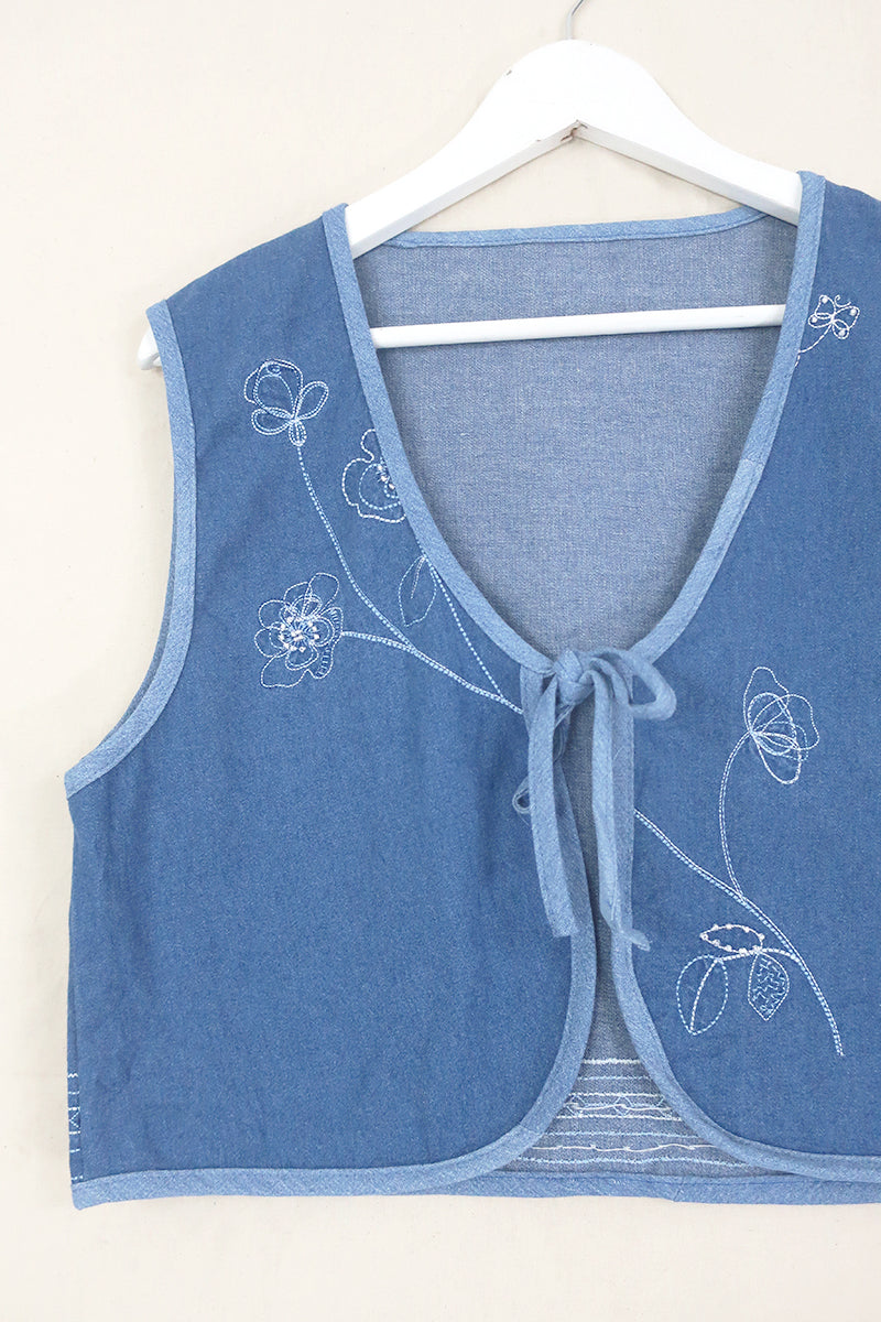 Willa Reclaimed Denim Waistcoat - Beaded Buttercups - Size M by All About Audrey