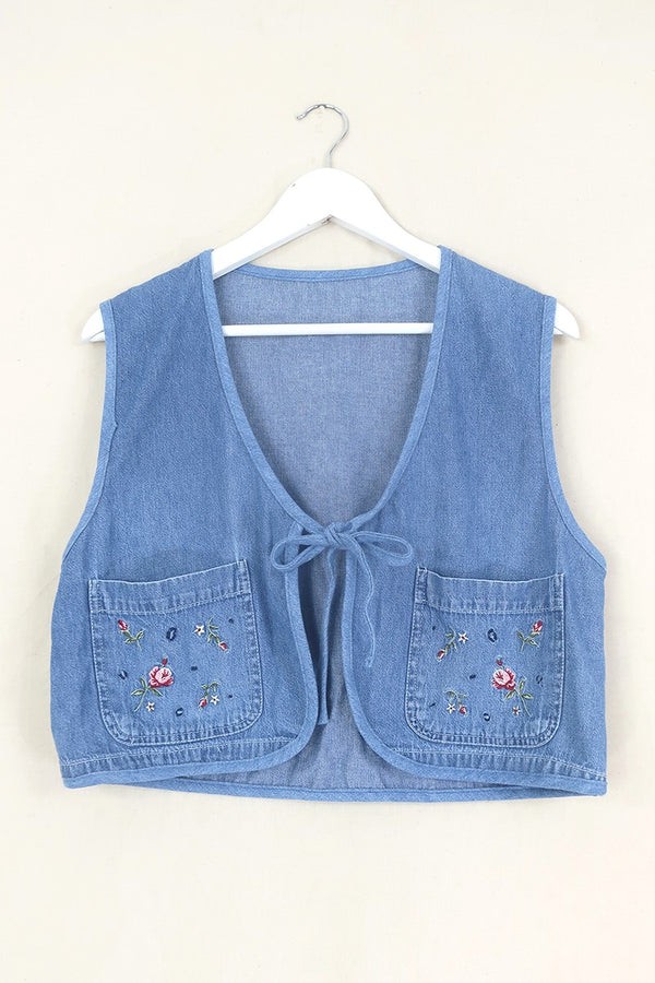 Willa Reclaimed Denim Waistcoat - Picnic In The Peonies - Size S/M by All About Audrey