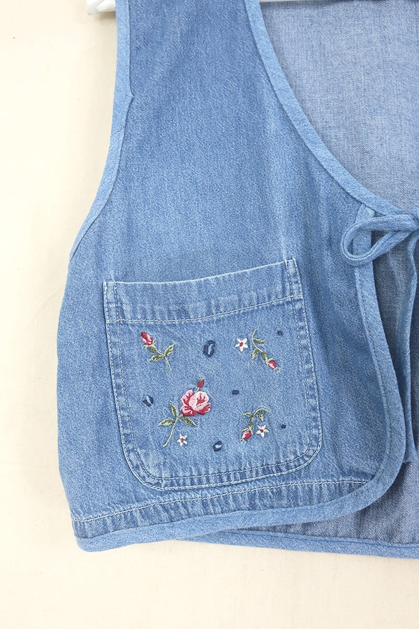 Willa Reclaimed Denim Waistcoat - Picnic In The Peonies - Size S/M by All About Audrey