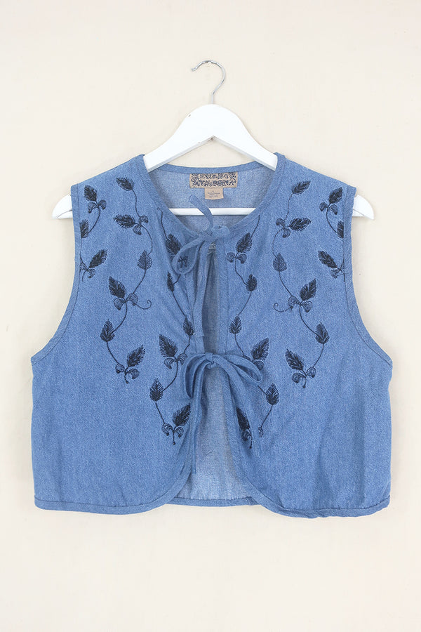 Willa Reclaimed Denim Waistcoat - Charcoal Black Embellished Leaves - Size M by All About Audrey