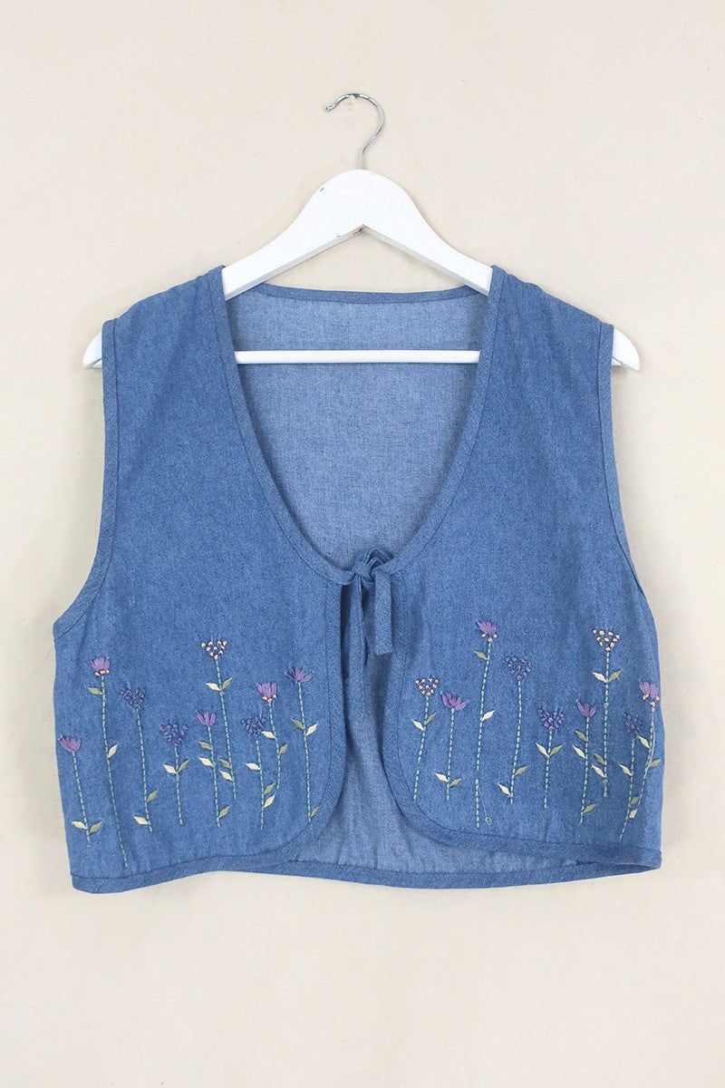 Willa Reclaimed Denim Waistcoat - Hand Embroidered Blooms - Size M/L by All About Audrey