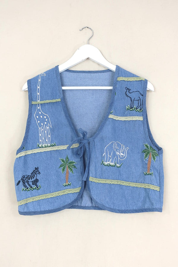 Willa Reclaimed Denim Waistcoat - Desert Safari & Animal Embroidery - Size M/L by All About Audrey