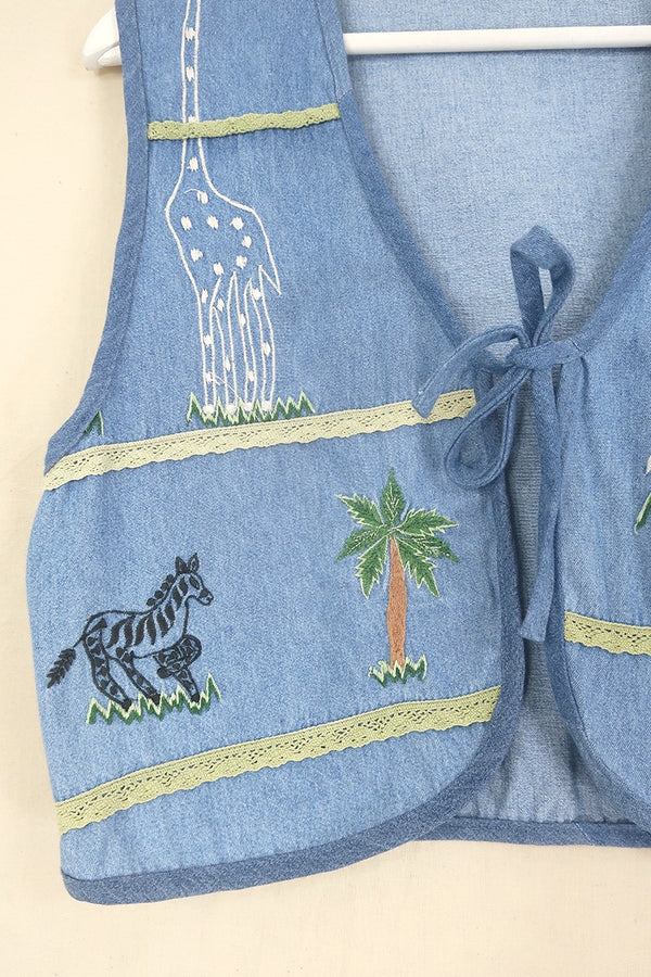 Willa Reclaimed Denim Waistcoat - Desert Safari & Animal Embroidery - Size M/L by All 