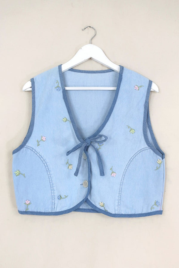 Willa Reclaimed Denim Waistcoat - Spring Blossom Blue - Size S/M by All About Audrey