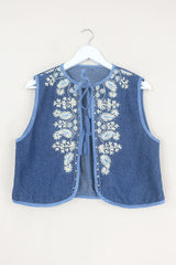 Willa Reclaimed Denim Waistcoat - Indigo Ornate Paisley - Size M by All About Audrey