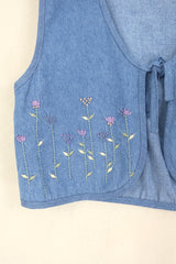 Willa Reclaimed Denim Waistcoat - Hand Embroidered Blooms - Size M/L by All About Audrey