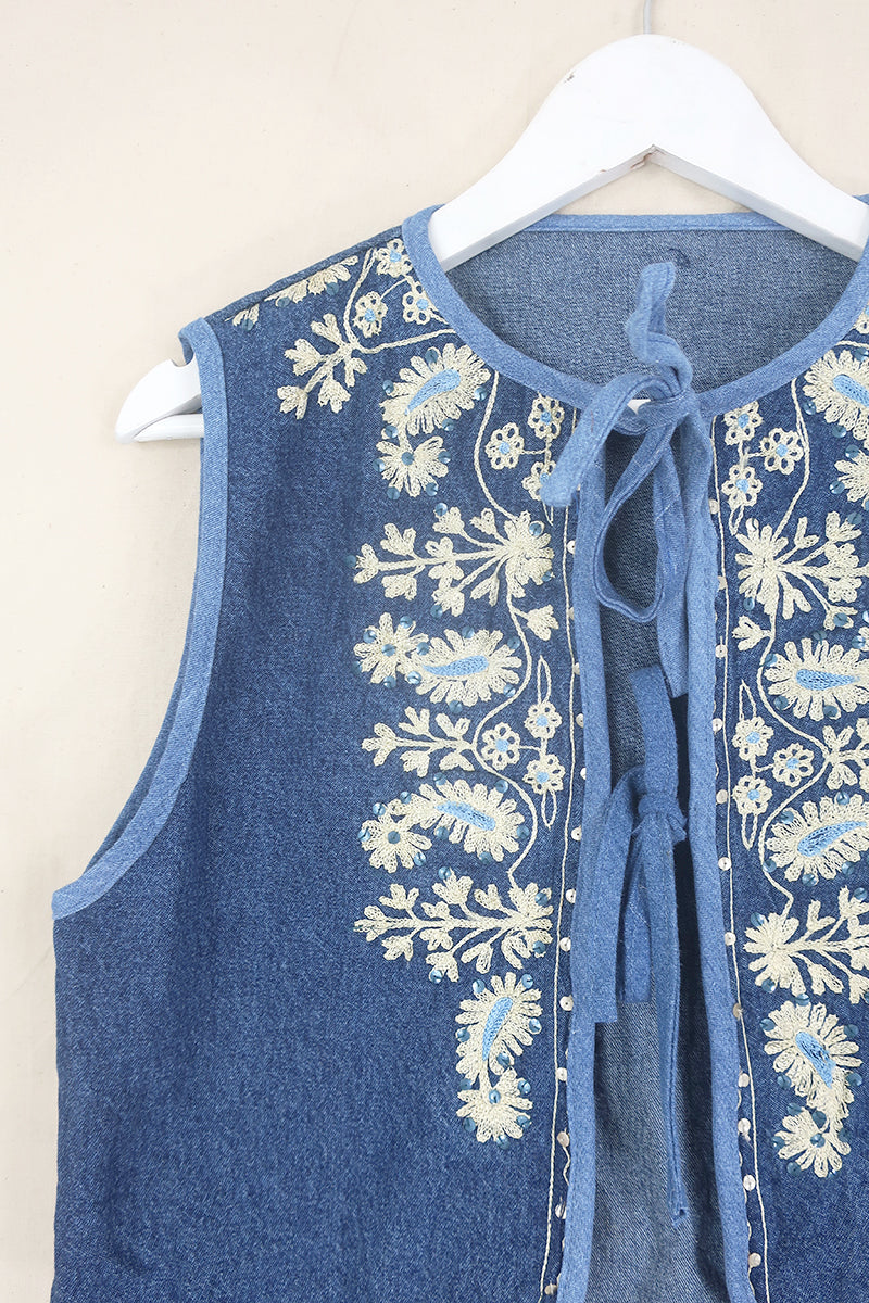 Willa Reclaimed Denim Waistcoat - Indigo Ornate Paisley - Size M by All About Audrey