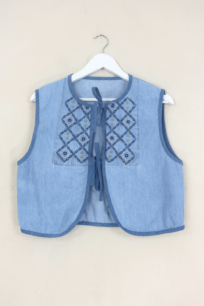 Willa Reclaimed Denim Waistcoat - Egyptian Tile Blue - Size M by All About Audrey