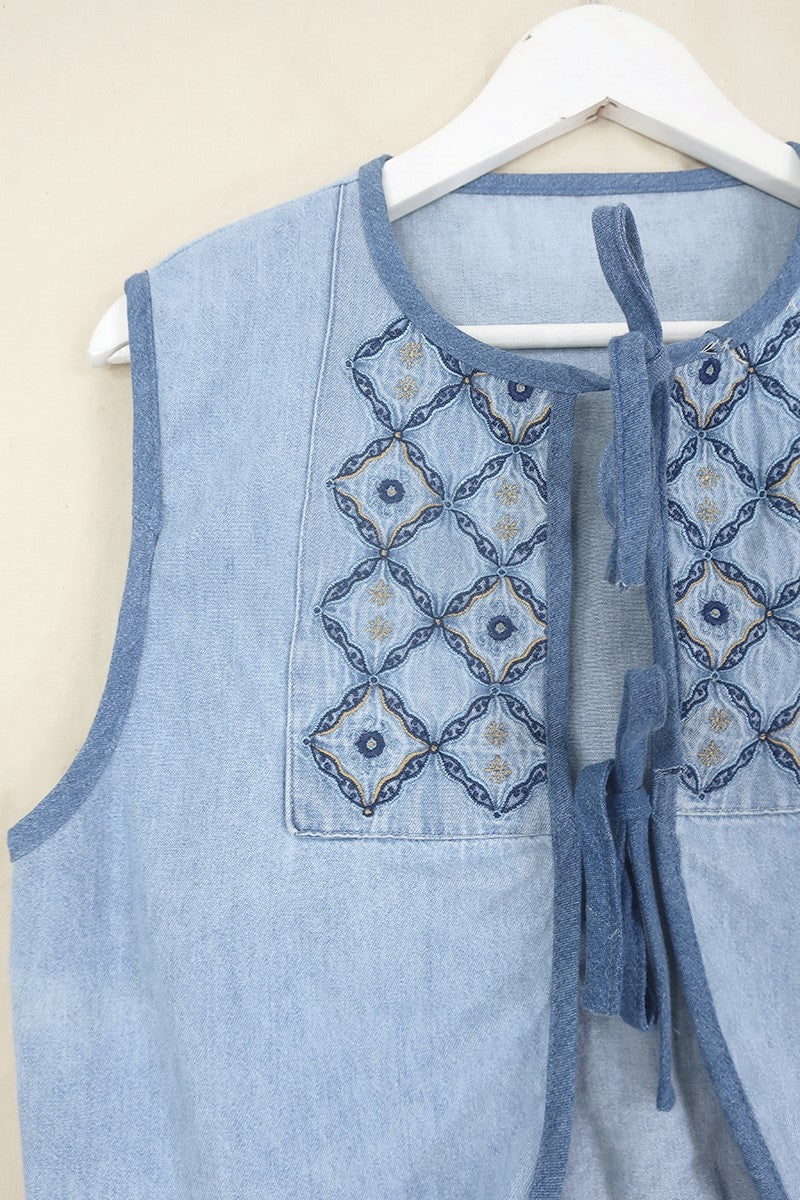 Willa Reclaimed Denim Waistcoat - Egyptian Tile Blue - Size M by All About Audrey