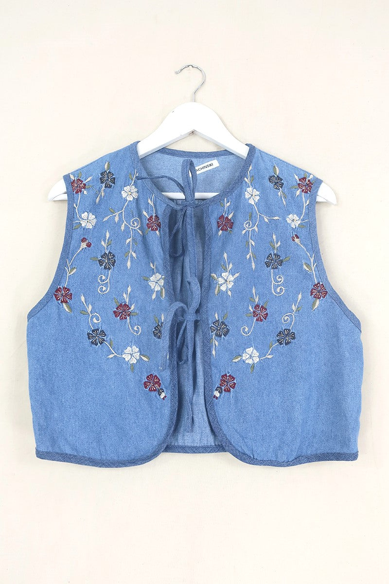 Willa Reclaimed Denim Waistcoat - Maroon Morning Glory - Size M/L by All About Audrey