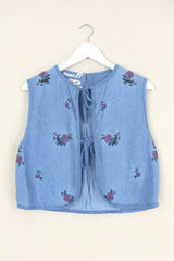 Willa Reclaimed Denim Waistcoat - Roses for Joyce - Size M by All About Audrey