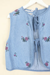 Willa Reclaimed Denim Waistcoat - Roses for Joyce - Size M by All About Audrey