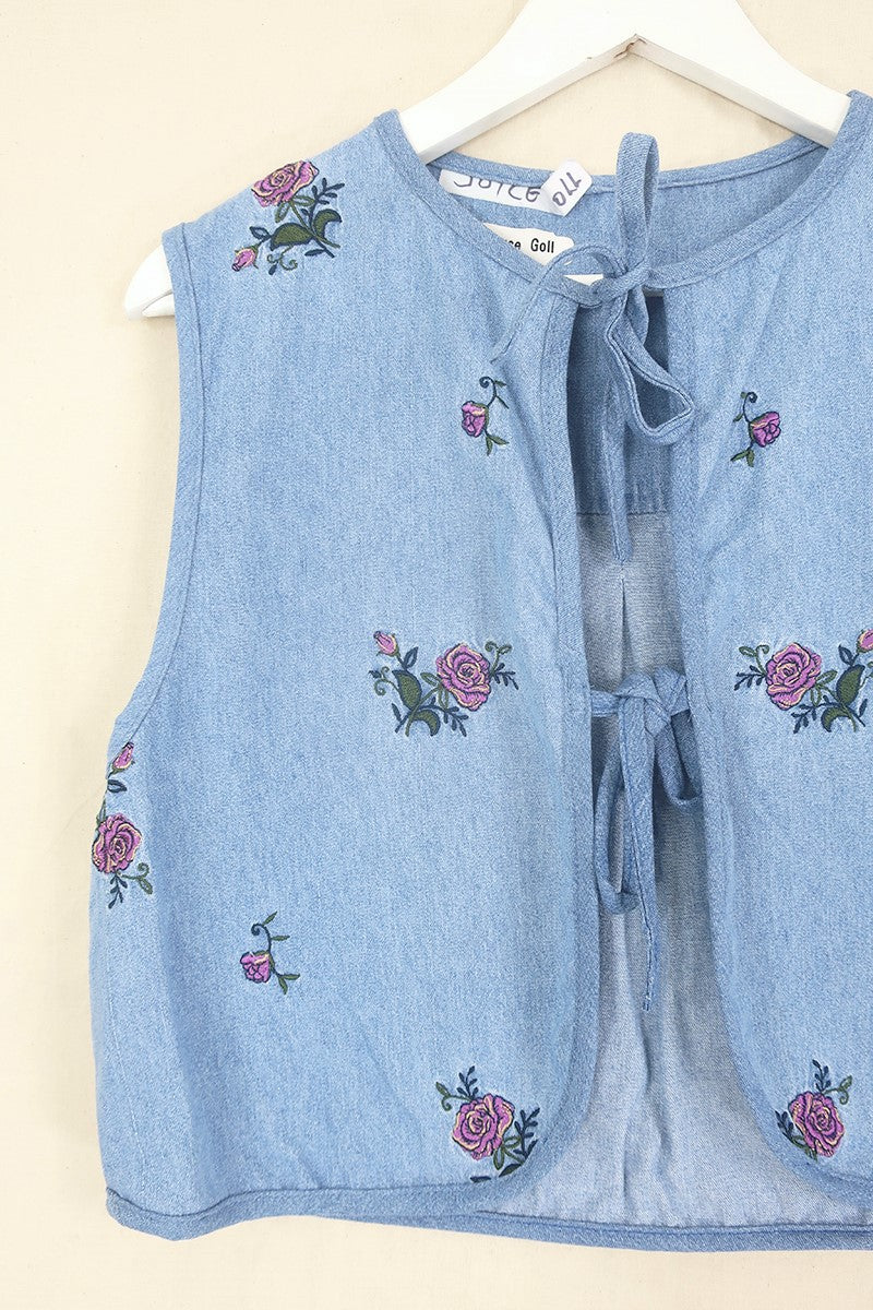 Willa Reclaimed Denim Waistcoat - Roses for Joyce - Size M by All About Audrey