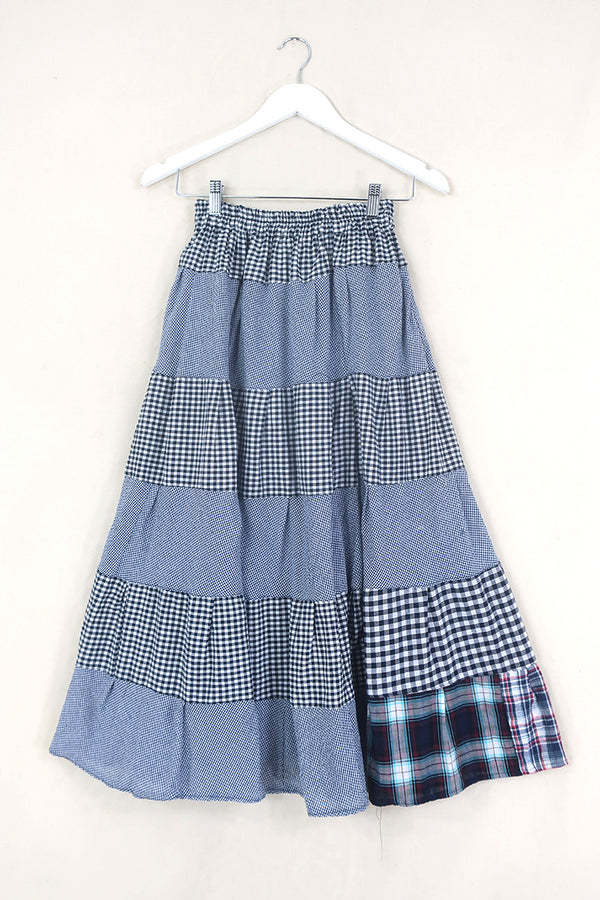 Adelaide Patchwork Maxi Skirt in School Blue & Black Gingham