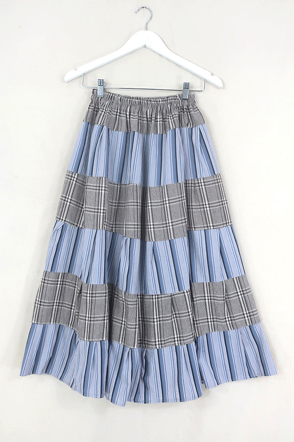 Adelaide Patchwork Maxi Skirt in Blue Stripes with Brown Check