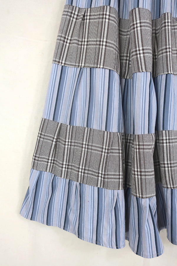 Adelaide Patchwork Maxi Skirt in Blue Stripes with Brown Check