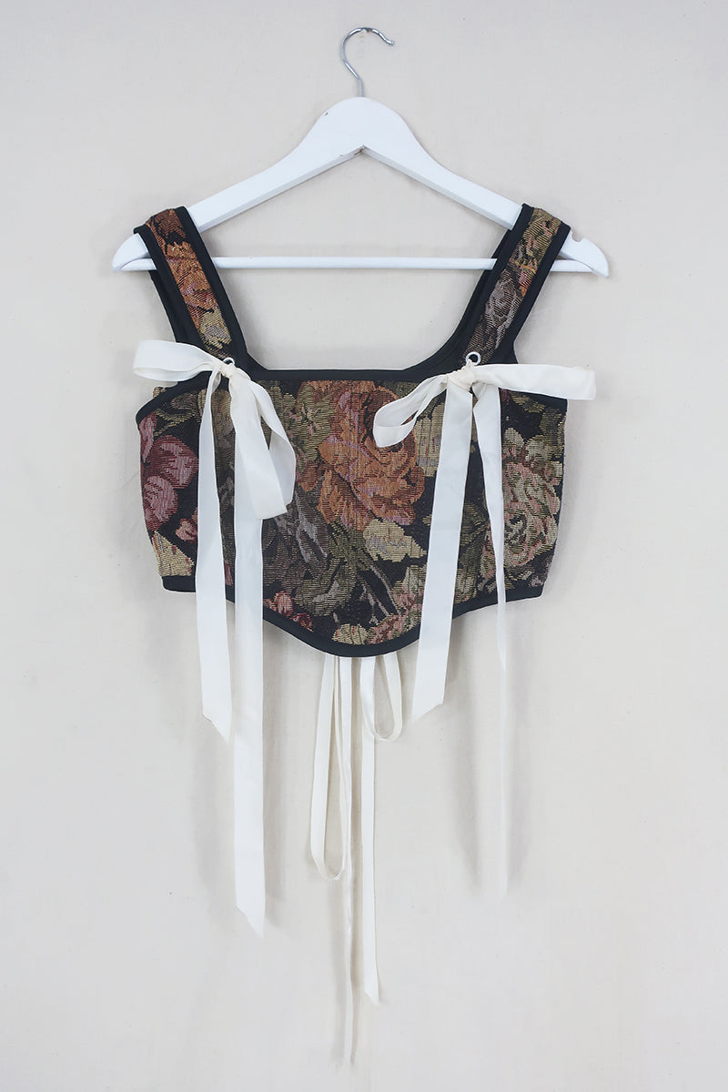 Antoinette Tapestry Corset in Baroque Black Rose by All About Audrey