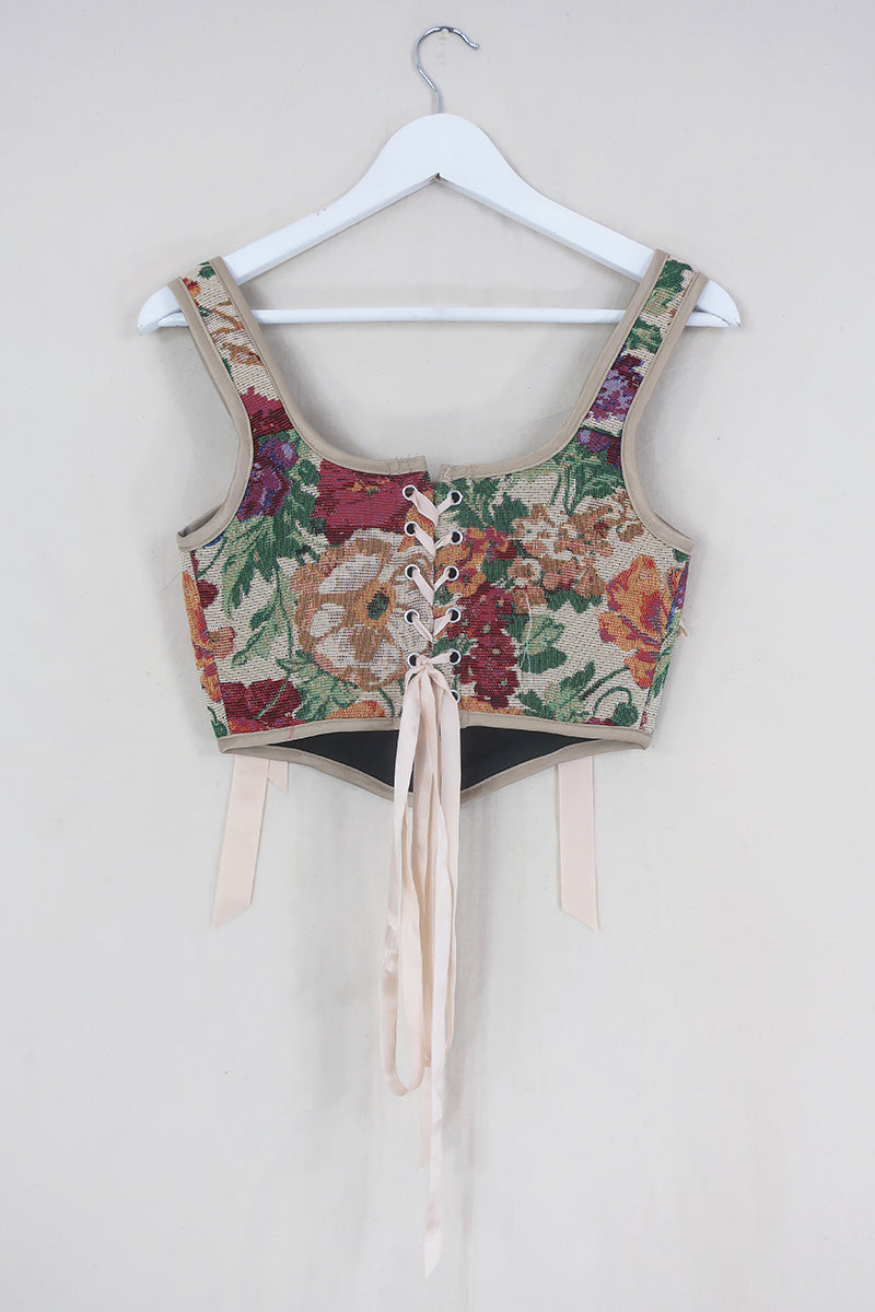 Antoinette Tapestry Corset in Garden Pansy by All About Audrey