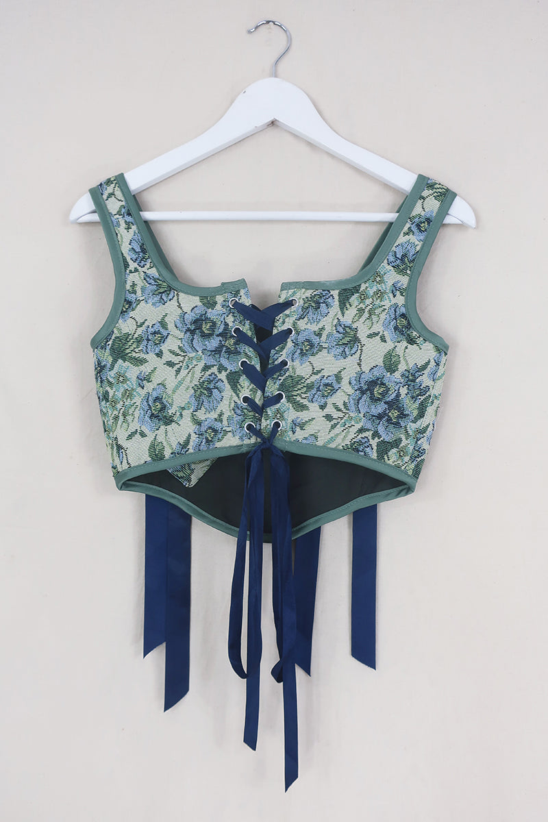 Antoinette Tapestry Corset in Iris Blue by All About Audrey