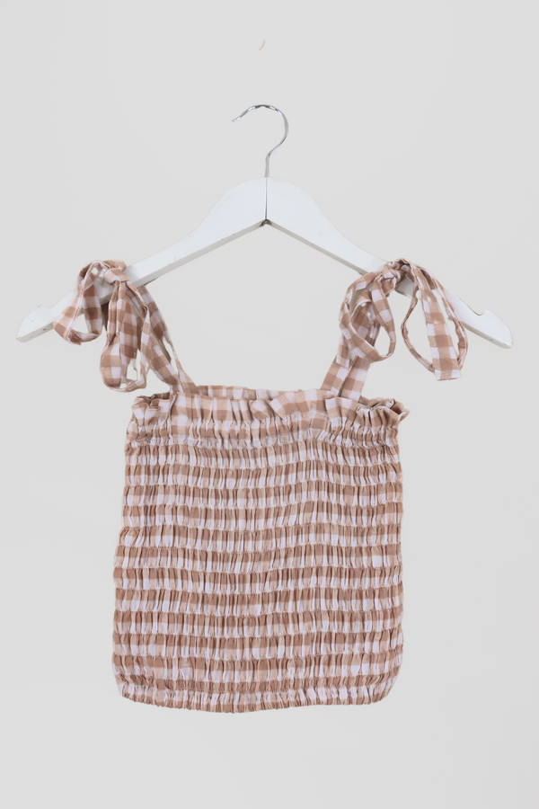 Rosa Ribbon Top in Biscuit Brown Gingham by All About Audrey