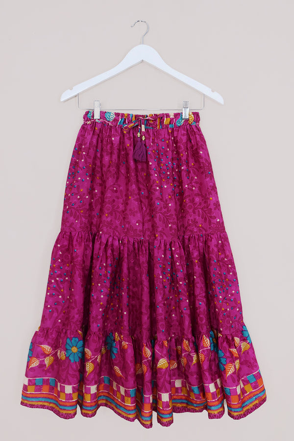 Rosie Midi Skirt - Smoothie Pink Floral - Vintage Indian Sari - Free Size by All About Audrey