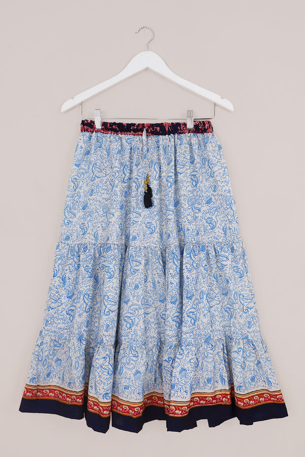 Rosie Midi Skirt - White & Blue Porcelain paisley - Vintage Indian Sari - Free Size by All About Audrey