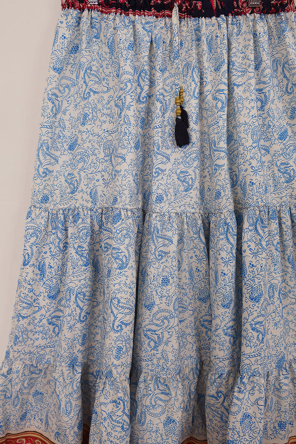 Rosie Midi Skirt - White & Blue Porcelain paisley - Vintage Indian Sari - Free Size by All About Audrey