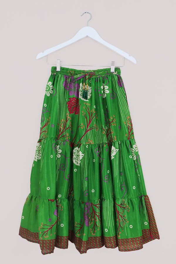 Rosie Midi Skirt - Spring Green Floral - Vintage Indian Sari - Free Size