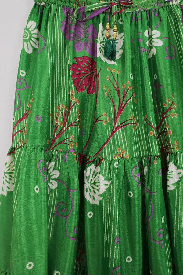 Rosie Midi Skirt - Spring Green Floral - Vintage Indian Sari - Free Size