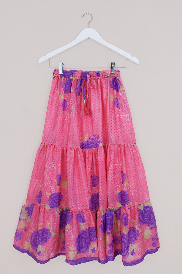 Rosie Midi Skirt - Sweet Pea & Purple Floral - Vintage Indian Sari - Free Size by All About Audrey