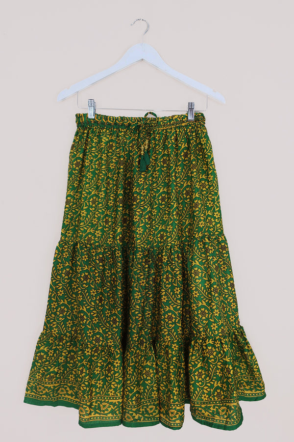 Rosie Midi Skirt - Valley Green & Yellow Floral - Vintage Indian Sari - Free Size by All About Audrey