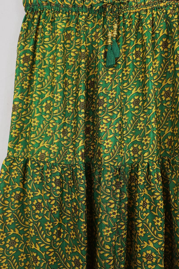 Rosie Midi Skirt - Valley Green & Yellow Floral - Vintage Indian Sari - Free Size