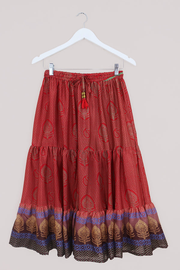 Rosie Midi Skirt - Dragon Scale Red - Vintage Indian Sari - Free Size by All About Audrey