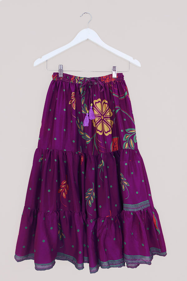 Rosie Midi Skirt - Gemstone Purple Floral - Vintage Indian Sari - Free Size by All About Audrey