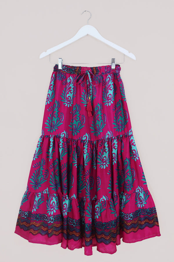 Rosie Midi Skirt - Fuchsia Petal Paisley  - Vintage Indian Sari - Free Size by All About Audrey