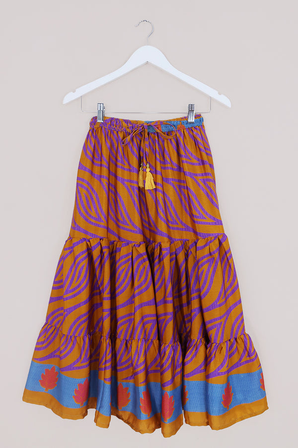 SALE Rosie Midi Skirt - Autumn Gold Air Currents - Vintage Indian Sari - Free Size