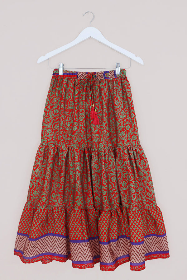 Rosie Midi Skirt - Vivid Red & Green Flower on the Vine - Vintage Indian Sari - Free Size by All About Audrey