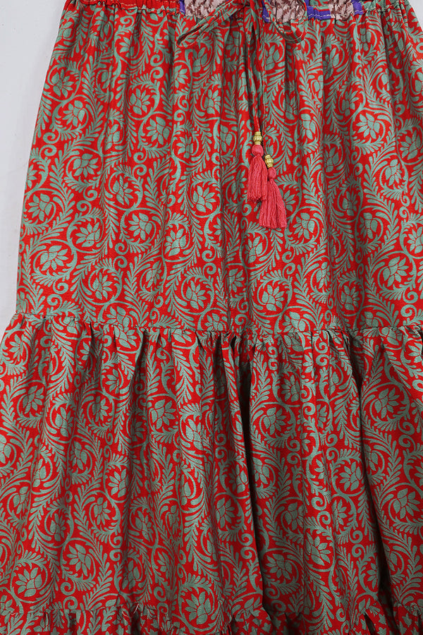 Rosie Midi Skirt - Vivid Red & Green Flower on the Vine - Vintage Indian Sari - Free Size by All About Audrey