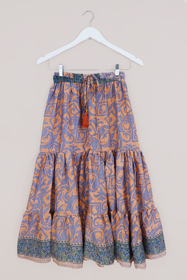 Rosie Midi Skirt - Peach & Dove Grey - Vintage Indian Sari - Free Size by All About Audrey