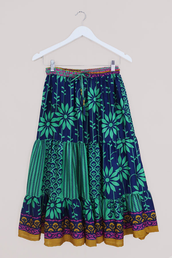 Rosie Midi Skirt - Navy & Green Floral - Vintage Indian Sari - Free Size by All About Audrey