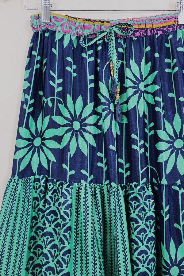 Rosie Midi Skirt - Navy & Green Floral - Vintage Indian Sari - Free Size by All About Audrey